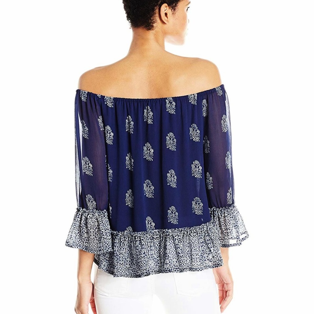 Lucky Brand Womens Off The Shoulder Boho Top Size L Navy Blue Hippie Bell Sleeve - Picture 2 of 5